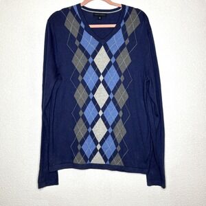 Banana Republic Men's Med Sweater V Neck Argyle Long Sleeve Blue Silk Cashmere